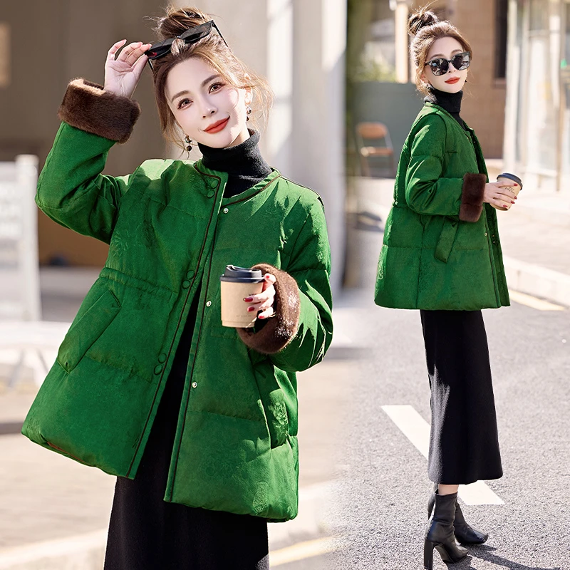 新中式国风复古撞色洋气时髦中长款白鸭绒羽绒服2024冬季爆款