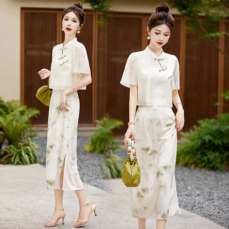 新中式国风复古气质盘扣上衣包臀半身裙两件套夏季显瘦2025套装