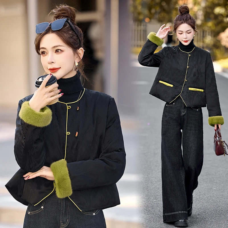 小个子新中式国风复古撞色拼接高级感洋气时尚短款白鸭绒羽绒服