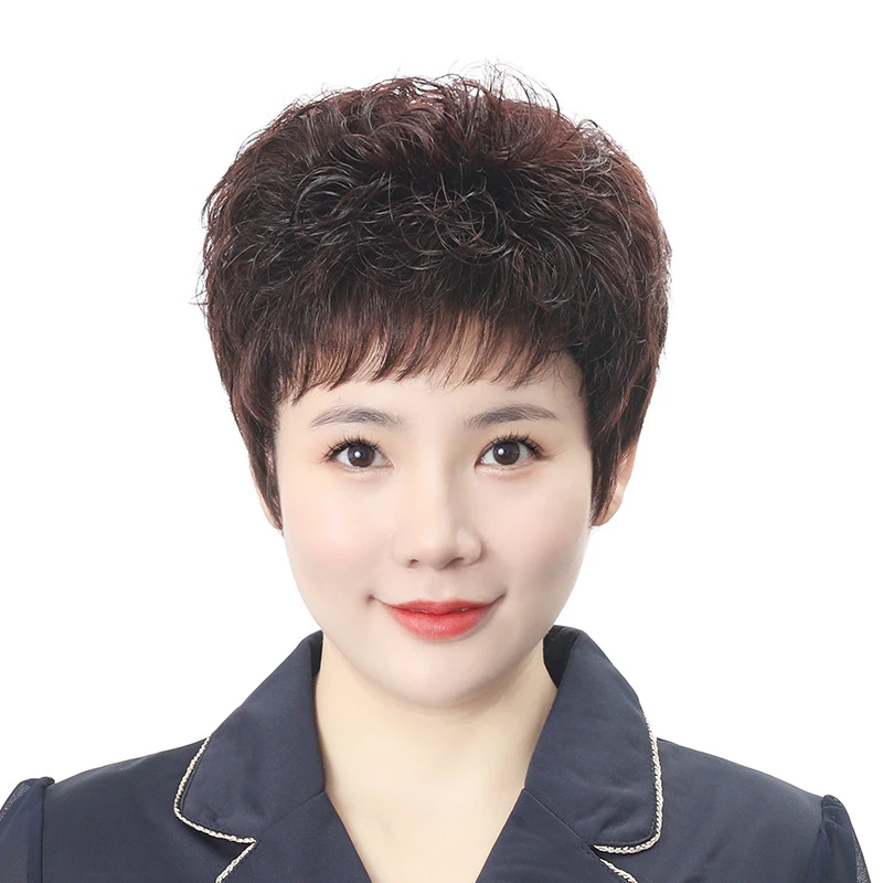 【真发头套】遮白发真发全头套短卷蓬松斜刘海调节整顶发套女许昌