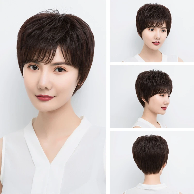 【真人发丝】中老年妈妈假发女短发斜刘海真发头套透气假发套真