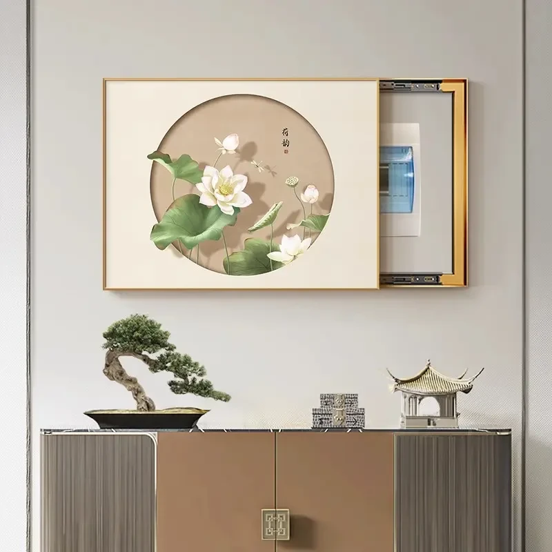 日式原木风梅花荷花电闸配电箱遮挡弱电箱挂画新中式电表箱装饰画
