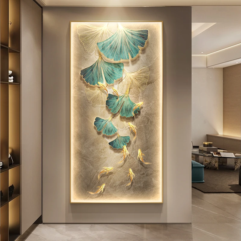 现代轻奢玄关装饰画银杏叶大气走廊过道挂画高级感入户玄关挂画