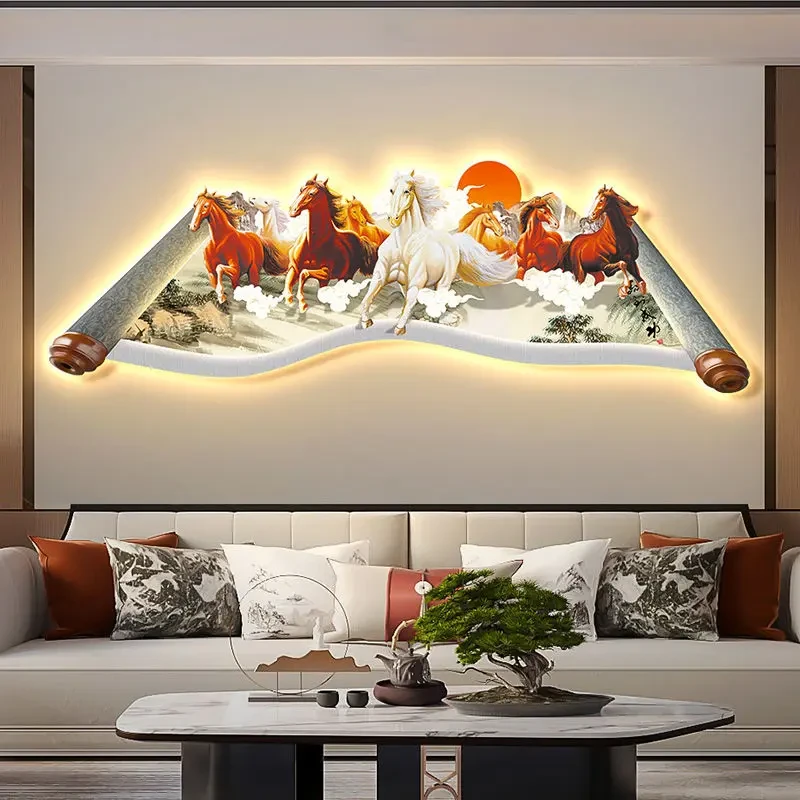 八骏图大气沙发背景墙挂画新中式客厅茶室装饰画高级感大气装饰画