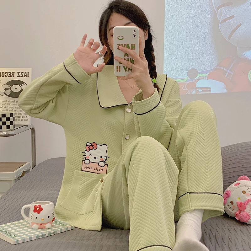 凯蒂猫睡衣女秋冬新款空气棉夹层大码200斤宽松可外穿家居服套装