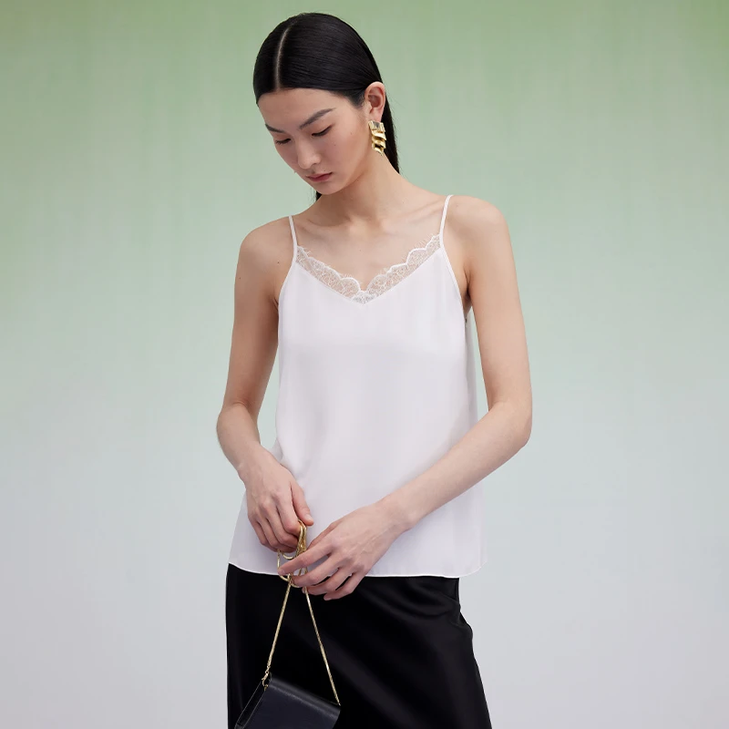 寺山文也 素芝/23MM桑蚕丝重绉拼接蕾丝打底外穿夏季细吊带女