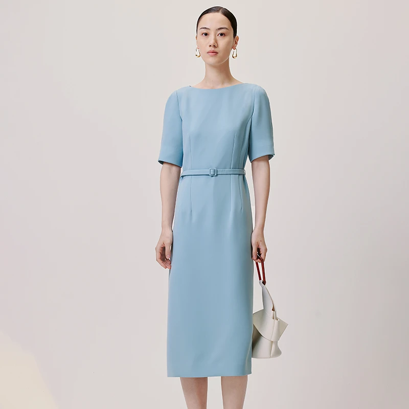 寺山文也 泉鸣/淡雅怡然 醋酸连衣裙女夏季轻奢气质船领收腰裙子