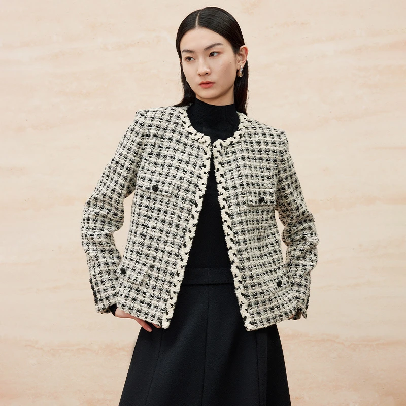 寺山文也 嘉楠/重磅嵿奢日本进口圈圈绒格纹粗花呢小香风短外套女