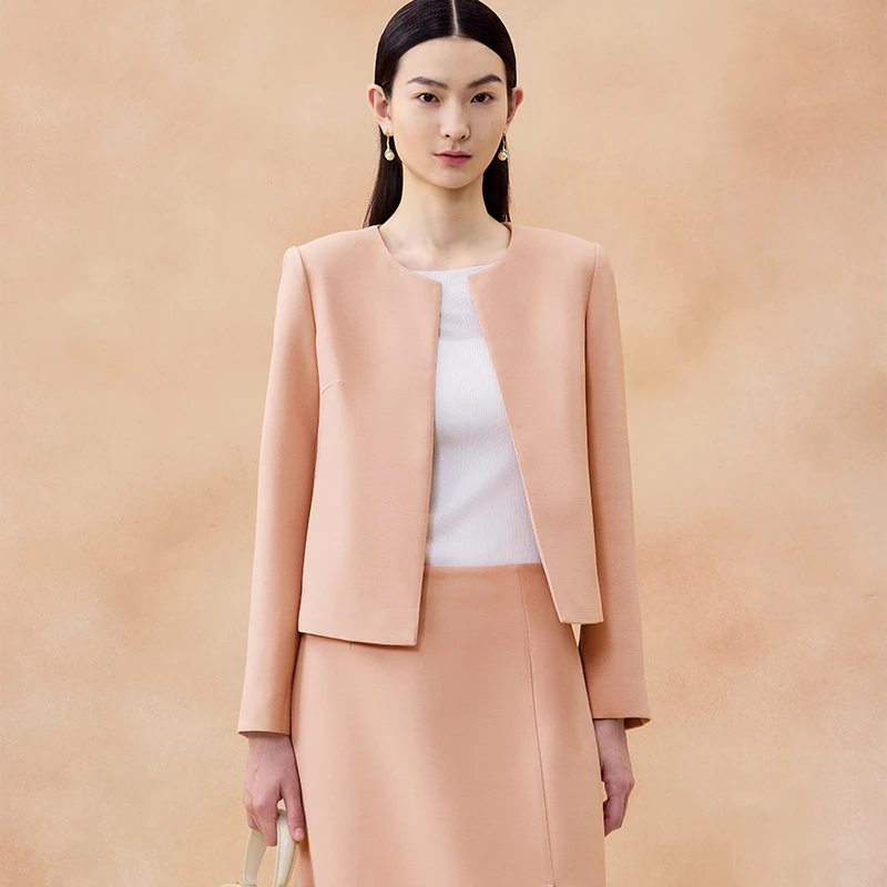 寺山文也 望萱/55MM重磅真丝羊毛经典套装纯色圆领厚短外套女秋冬