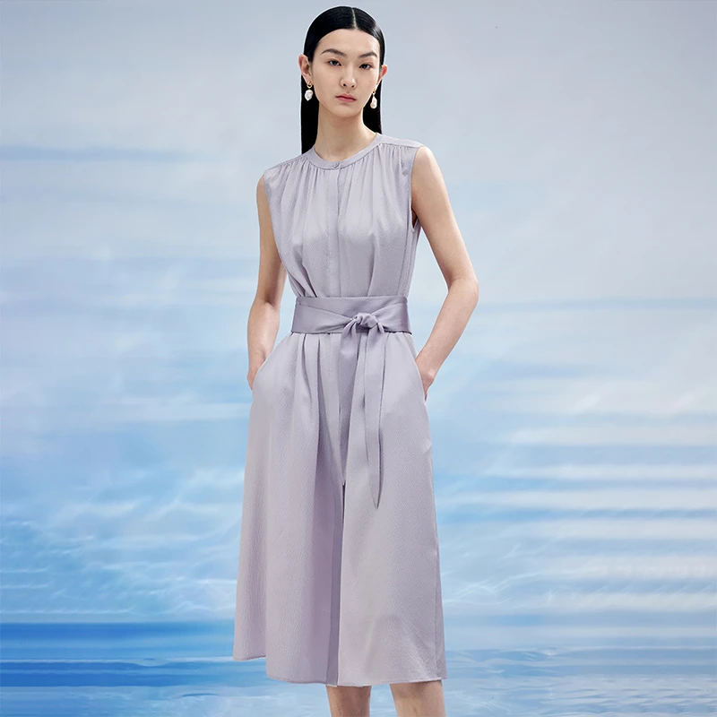 寺山文也 扶岚/19MM真丝珍珠缎宽腰封打褶无袖轻礼裙连衣裙夏