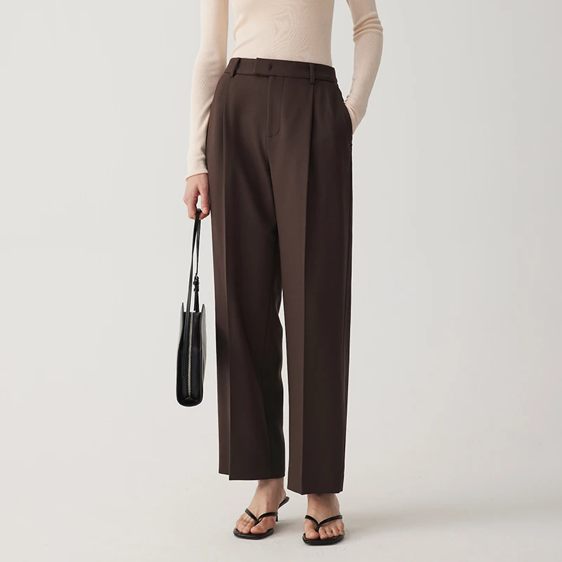 寺山文也 舒远/经典通勤精纺单褶高腰阔腿直筒西裤女秋冬新款