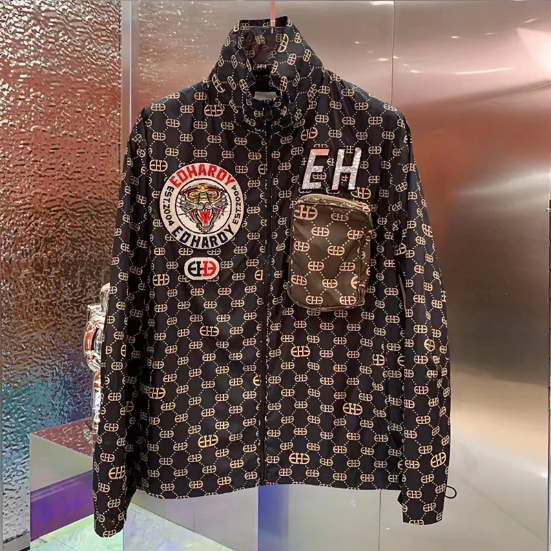 新款ED多袋潮品男外套进口重工手工串珠风衣工装章仔带帽夹克黑色