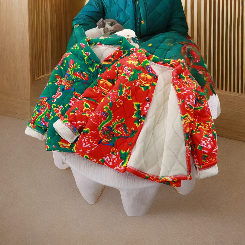 儿童棉衣外套批发宝宝女宝加绒喜庆拜年服保暖军大衣棉袄冬款东北