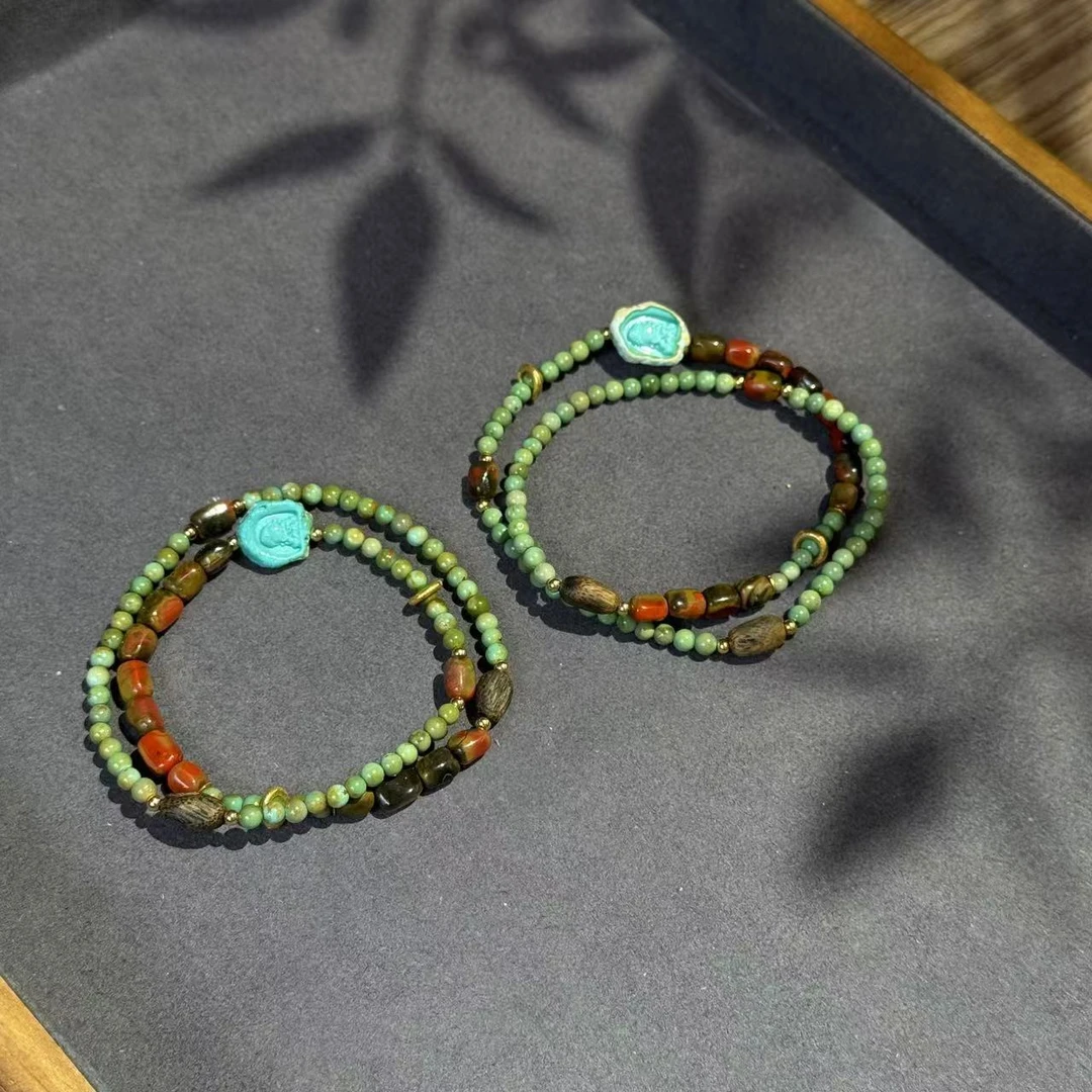 【景润】原矿绿松石无事小神仙包浆随型双圈手串 多样性发其一