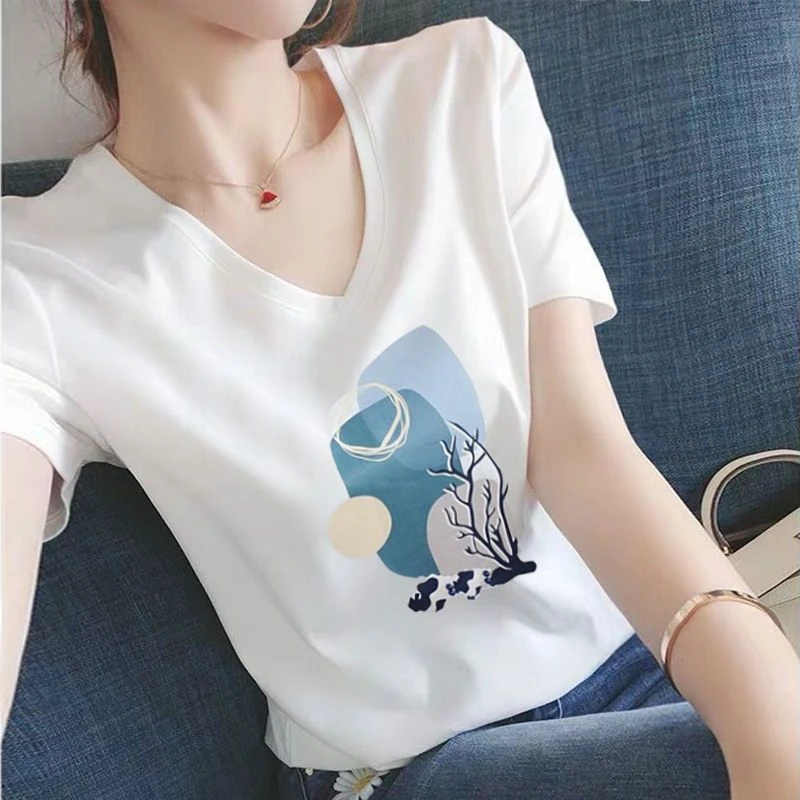 夏季新款白色短袖女v领t恤上衣女洋气潮棉修身显时尚瘦鸡心领半袖