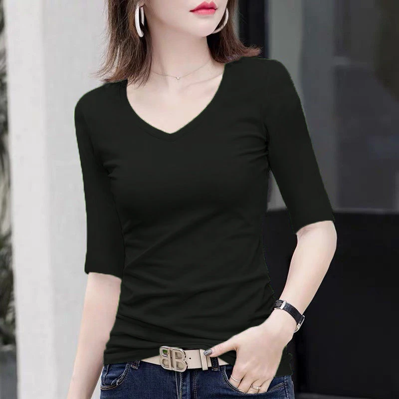 黑色中袖t恤女修身纯棉五分袖内搭小衫高档洋气打底衫时尚上衣服