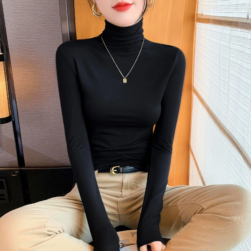 高领莫代尔打底衫女内搭新款秋冬季修身长袖百搭时髦洋气黑色上衣