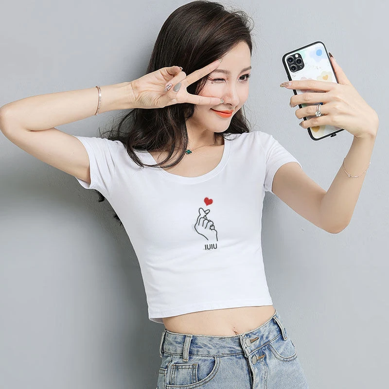 短袖紧身漏肚脐t恤女夏高腰显瘦短款小心机上衣性感露脐衣服社会