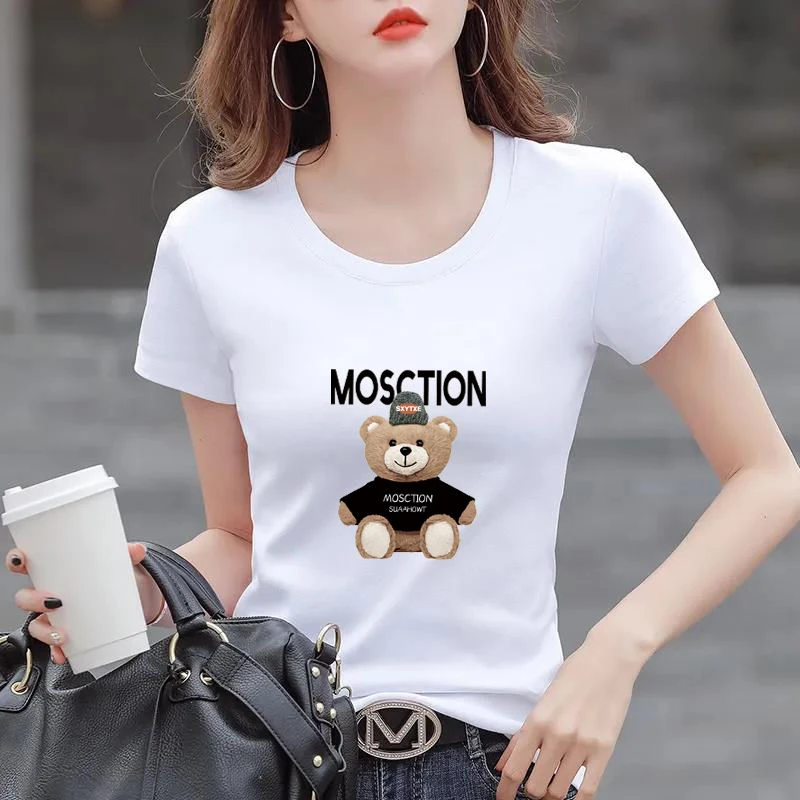 白色短袖t恤女新款夏季圆领修身棉印花百搭打底衫上衣半袖体恤ins