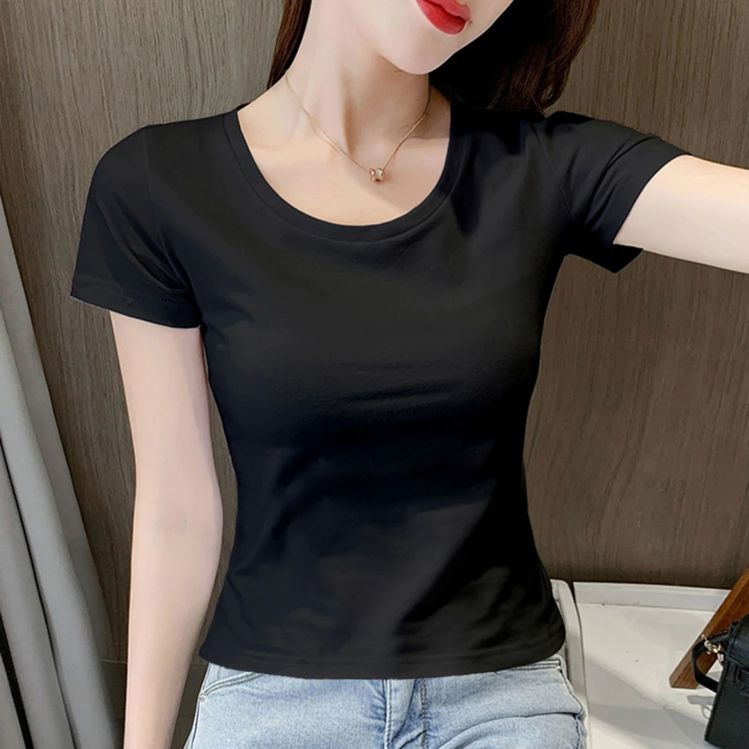 夏季新款白色t恤女短袖修身显瘦打底衫百搭黑色半袖女士紧身上衣T