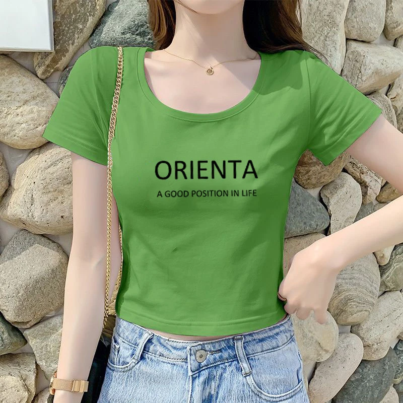 短款纯色T恤女修身V领夏季新款韩版百搭显瘦紧身高腰露肚脐上衣女
