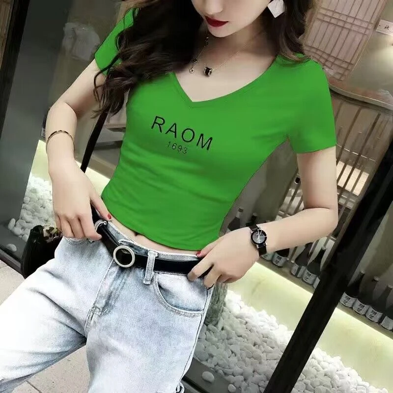 2025新款夏季V领黑色t恤女短款高腰短袖露脐上衣服紧身漏肚脐修身