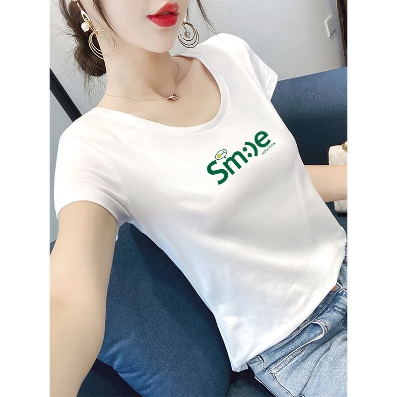 白色t恤女短袖修身春夏季2025年新款印花打底衫内搭半袖纯色上衣