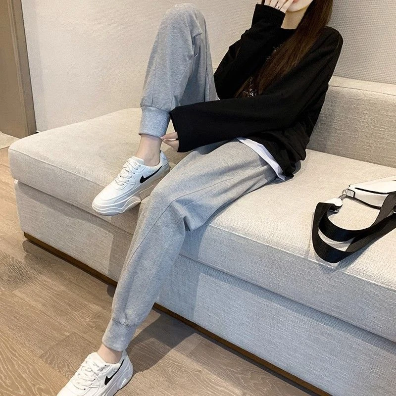 2025秋冬新款螺纹束脚运动裤女小个子休闲裤高腰哈伦灰色卫裤女潮