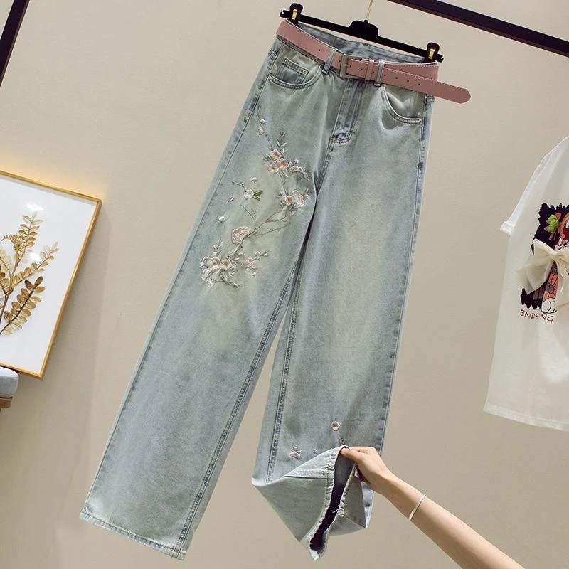 刺绣高腰阔腿裤牛仔裤女直筒裤2025年新款小个子垂感显瘦拖地裤子