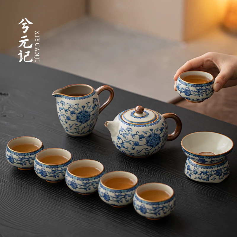 青花汝窑茶具套装功夫茶壶茶杯家用高档满花描金珐琅彩2023新款
