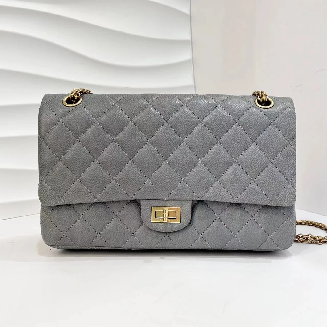 95新 Chanel/香奈儿 7姐福利/鱼子酱 灰色金扣 2.55 中号 链条包