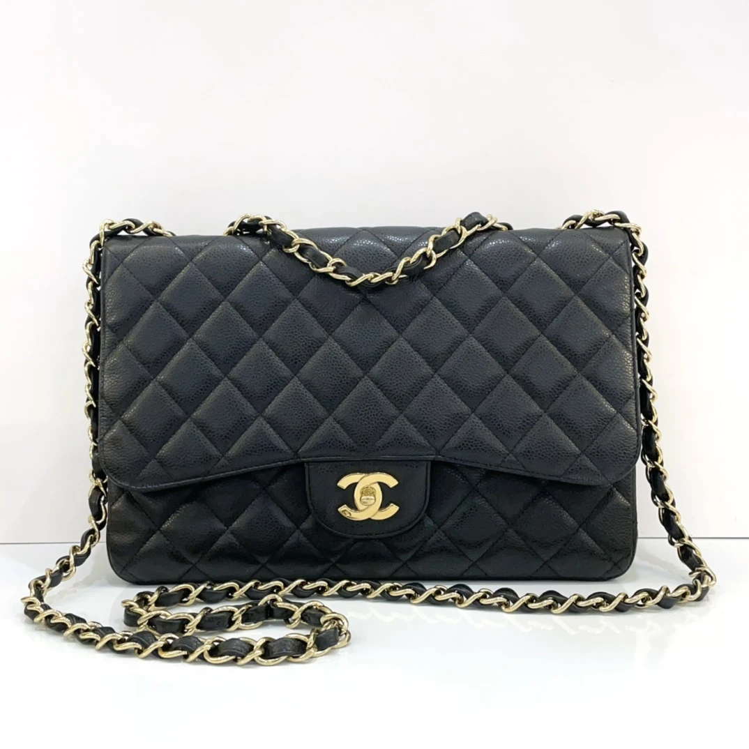 95新 Chanel/香奈儿 蔚蓝/单盖CF jumbo 黑金荔枝纹 12开