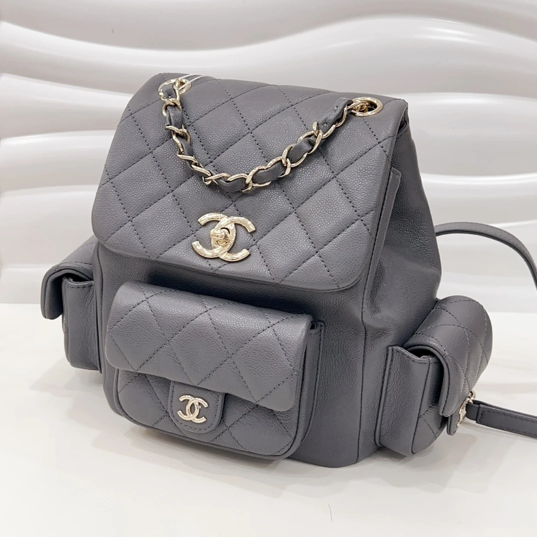 99新 Chanel/香奈儿 7姐专场/23K灰色金扣菱格纹鱼子酱牛皮duma