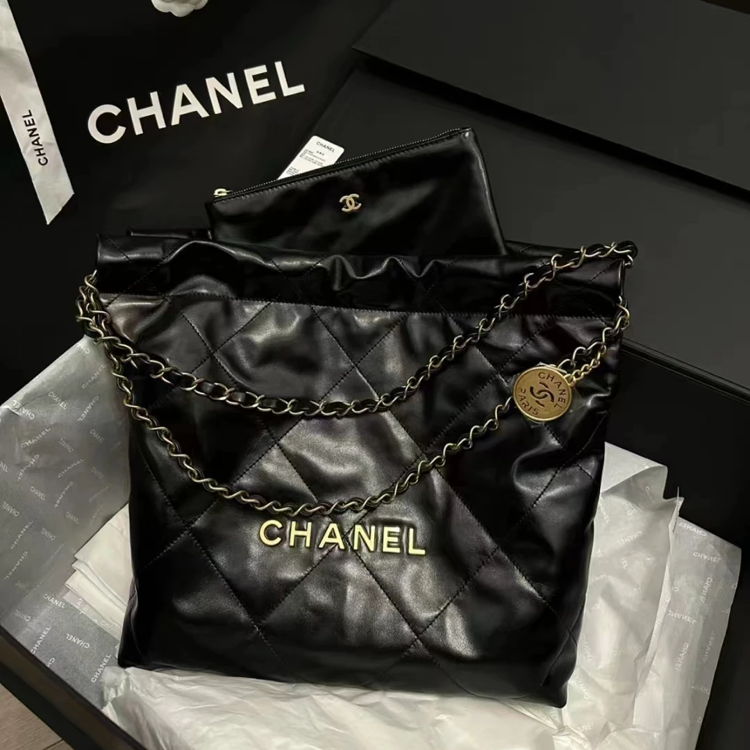 全新未使用 Chanel/香奈儿 蔚蓝 黑金 油蜡皮 22bag小号 垃圾袋