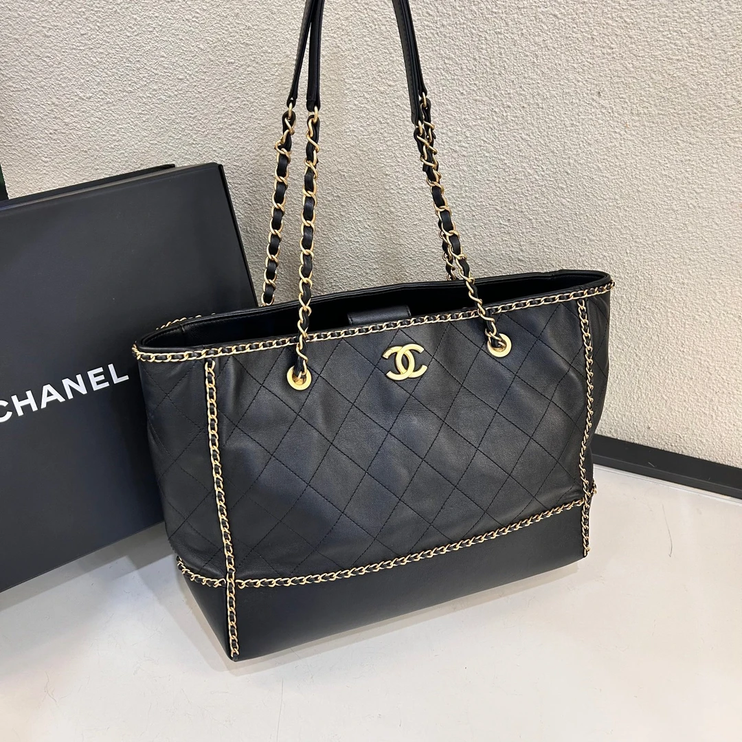 99新 Chanel/香奈儿 蔚蓝/菱格纹链条镶边 牛皮 托特包 芯片款