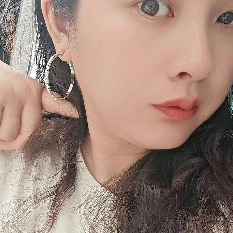 铜合金锆石耳饰 个性百搭港风微镶超高级感素圈耳环4cm圈圈大耳圈