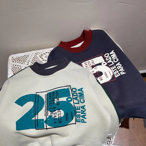 B2-2。23059男童加绒拼色卫衣秋冬装儿童打底衫男孩加厚一体绒