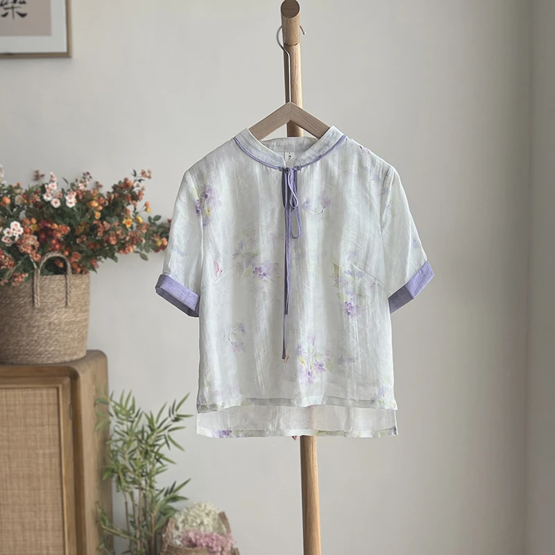 3624《泠鸢行》原创国风文艺碎花短袖衬衫夏季绑带上衣