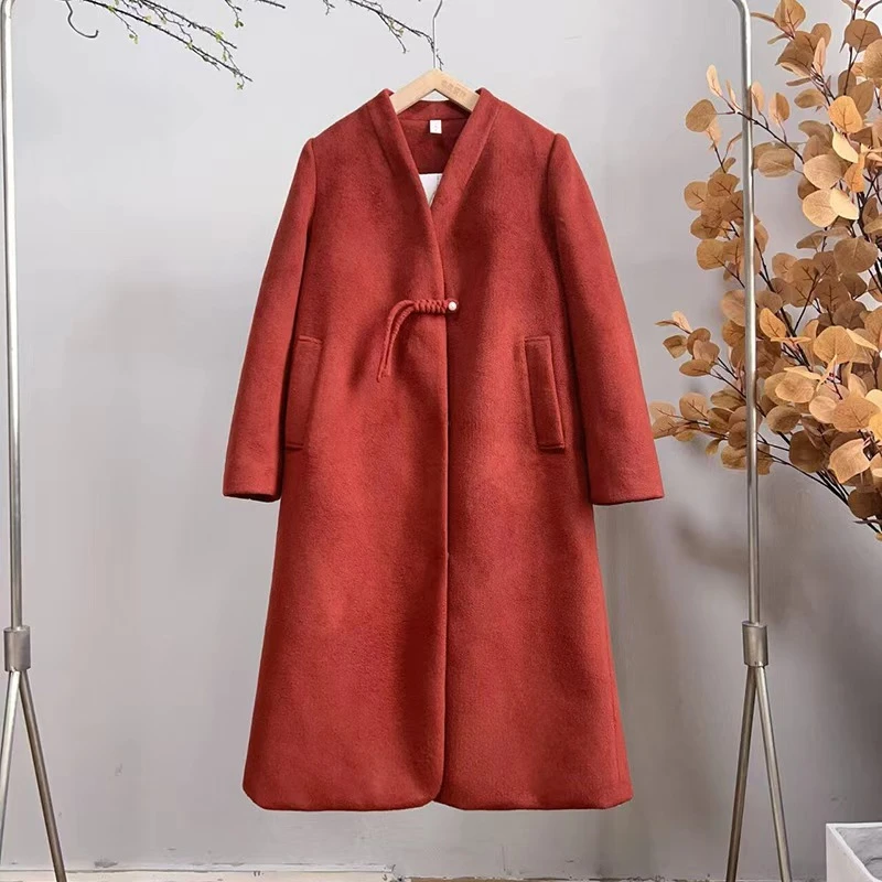 3044《池禧祈》2024冬季新款优雅大气红色大衣中长款羽绒外套