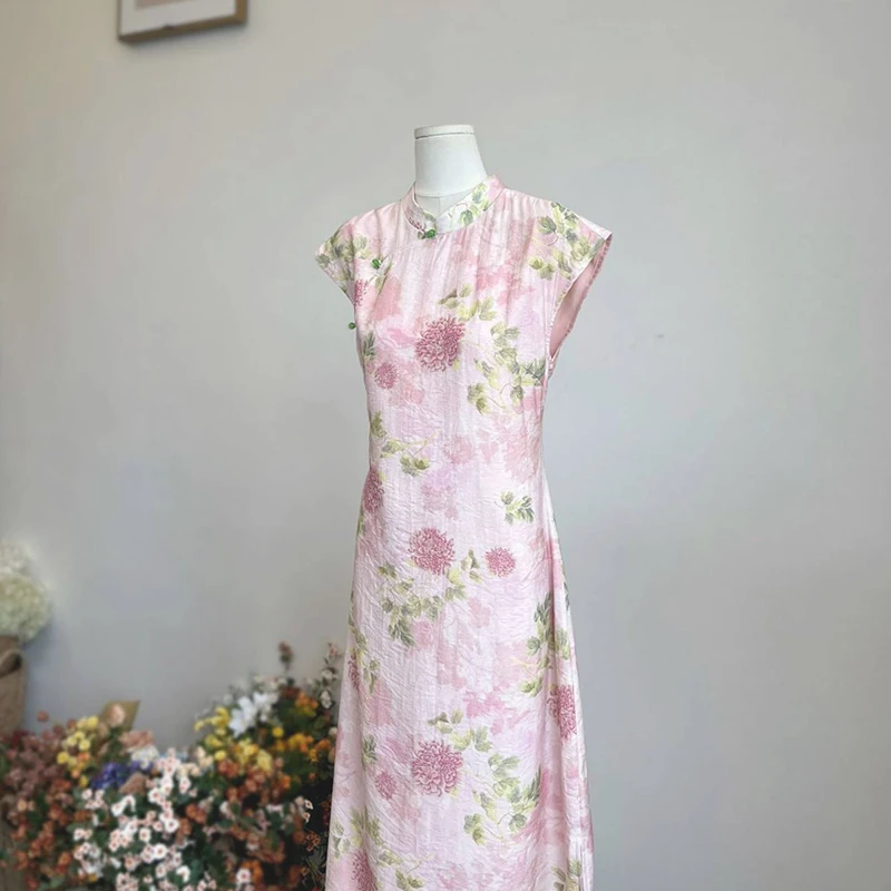 3258《漫桃野》原创设计师新款夏改良温柔印花旗袍新中式连衣裙