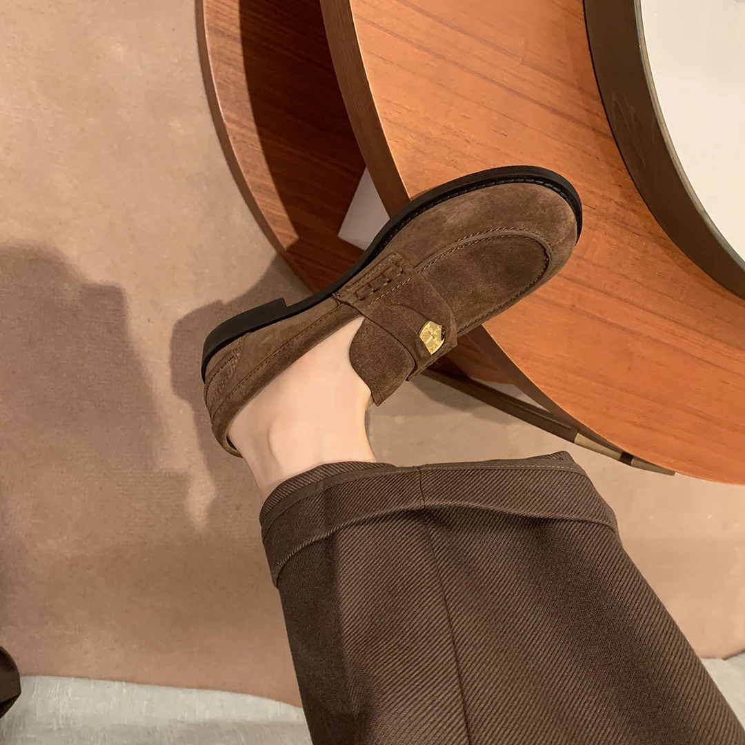 秋冬真皮厚底复古经典百搭圆头小金币懒人英伦风乐福单鞋女