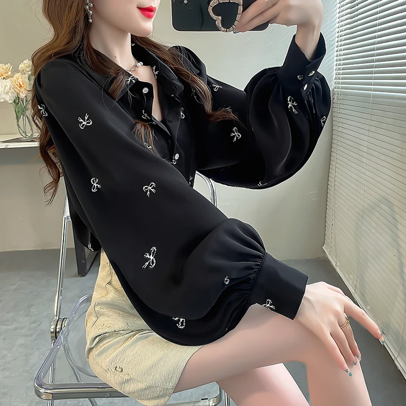 法式小众高级感上衣2024年气质时尚印花衬衣女外穿宽松灯笼袖衬衫
