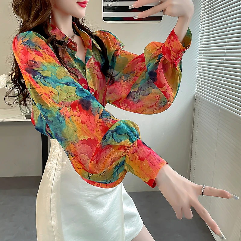 早春小众亮丝云彩印花衬衫女2024年新款减龄衬衣显瘦灯笼袖女上衣