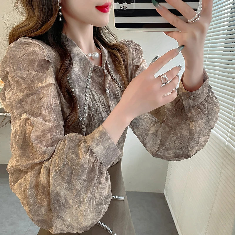 气质上衣女高级感衬衫2024春款雪纺衫泡泡袖钉钻重工衬衣洋气小衫