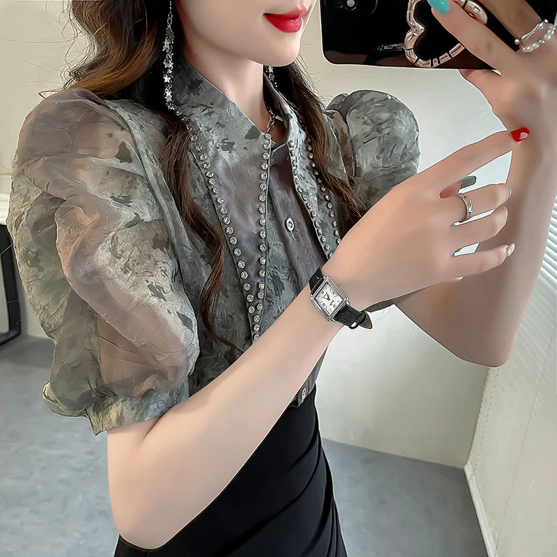 尖领镶钻衬衣2024新款女夏季独特别致雪纺上衣泡泡袖水墨花衬衫女