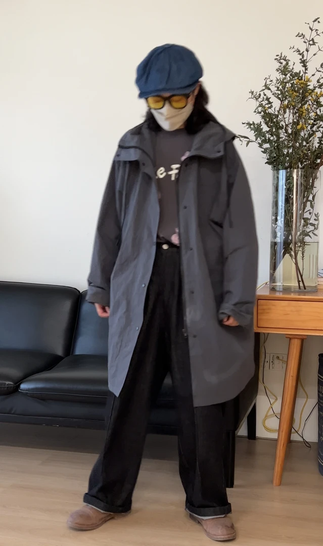 复古小众高级日系简约宽松纯色中长款连帽风衣