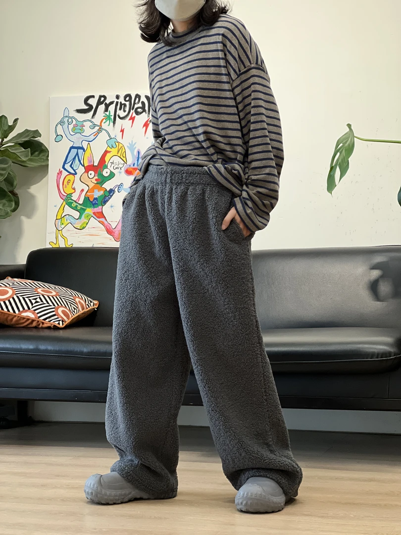 日系复古颗粒加绒加厚保暖宽松直筒运动裤下脚可收拉