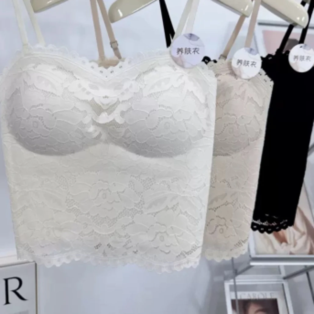 养肤蕾丝美背吊带女秋季新款波浪边防走光抹胸背心固定杯打底内衣