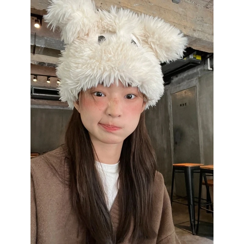 搞怪卡通小狗套头帽女眼镜长耳朵秋冬加厚护耳保暖日系毛绒帽子女