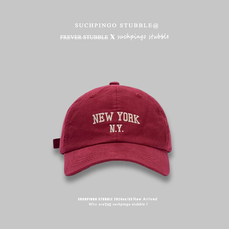 韩版韩国字母刺绣棒球帽新款ins鸭舌帽帽子男女显脸鸭舌软顶红色